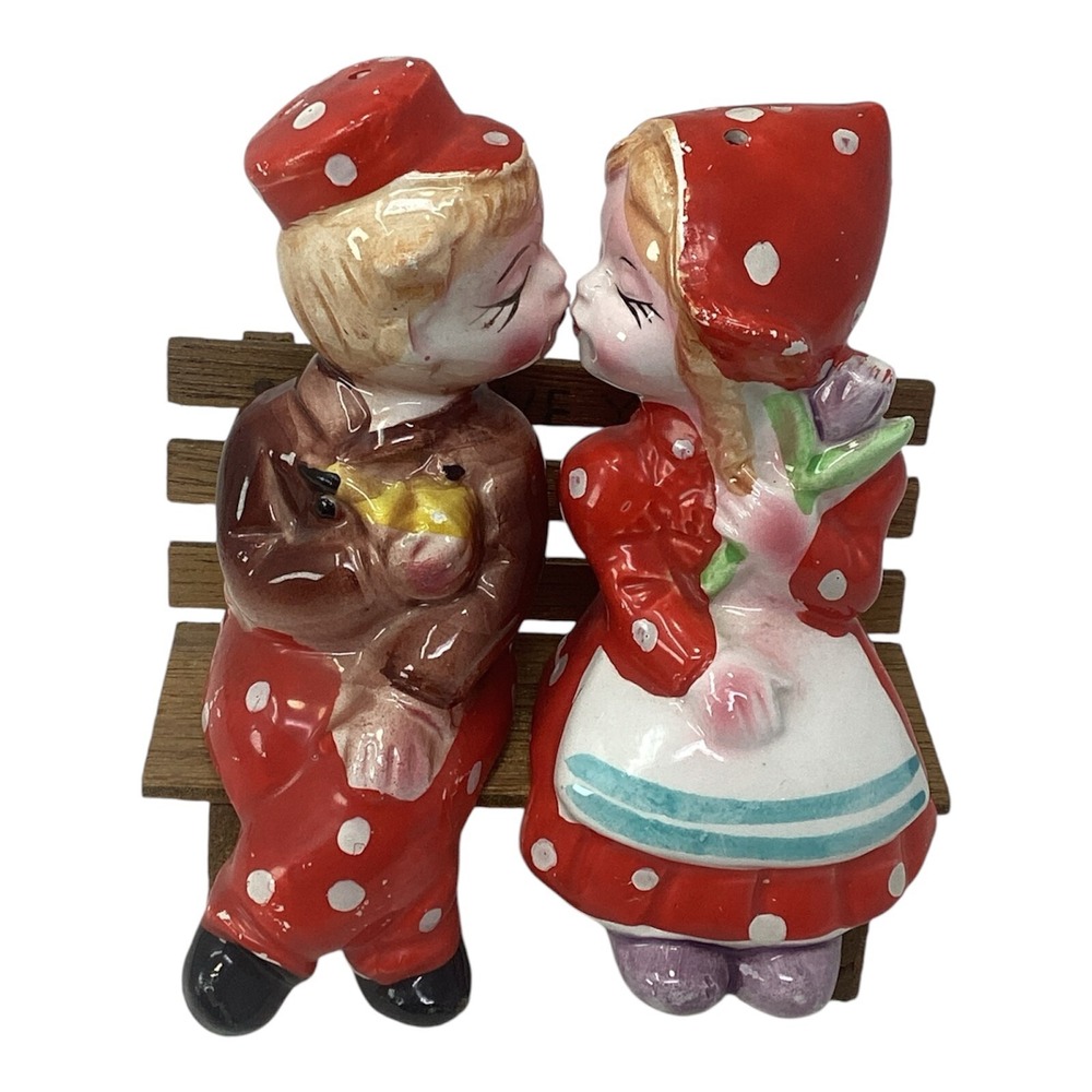 Vintage Dutch Boy & Girl Kissing on Wooden Bench Salt & Pepper Shakers Porcelain